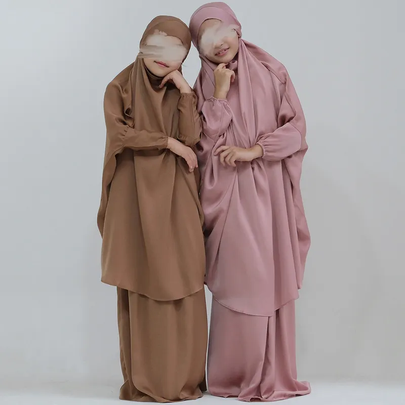 Filles Jilbabs Haute Qualité Ramadan Musulman EID Enfants Robe de Prière Long Hijab Top et Jupe Enfants Deux Pièces Jilbabs Abaya Set