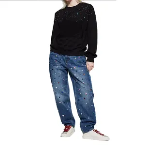 Wholesale Fashion Custom Design Women Baggy Boyfriend Rhinestone Jeans Plus size Long Wide Leg Shiny Denim Pant For Ladies