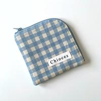 Tas ritsleting linen katun pola cek biru, dompet koin, tas kantong tempat kartu