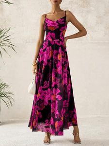 Robes longues d'été vintage pour femmes, imprimées florales, en tricot, taille naturelle, élégantes, à épaules dénudées, bretelles spaghetti, lavables, pour soirée - Product Image 2