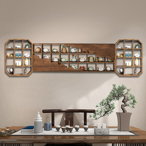 Solid Wood <b>Wall</b> Mounted Display <b>Shelf</b> Irregular Shape Chinese Style Tea <b>Storage</b> Rack Multi Treasure Cabinet Purple Clay Teapot - Product Image 1