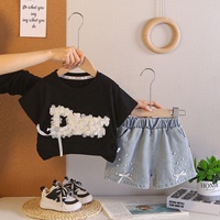 Ensemble 2 pièces pour filles, haut à manches courtes avec décoration florale en perles 3D et short en jean, tenues décontractées d'été pour enfants