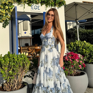 Blue And White Floral Print Halter Neck Sweetheart Tiered Ruffle Hem High Waist Women's Elegant Summer Maxi <strong>Dress</strong> - Product Image 1