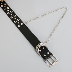 Sabuk Kulit PU Punk Wanita dengan Lubang Ganda dan Rantai Logam, Gesper Paduan Logam Berhias Stud, Sabuk Pinggang Dekoratif - Product Image 6