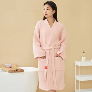 Elegant Summer <strong>White</strong> Knee-Length <strong>Dressing</strong> <strong>Gown</strong> 100% Cotton <strong>Waffle</strong> Weave Bathrobe Good Water Absorption Home Shower Robe-Tan One - Product Image 1