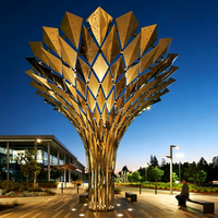 Sculpture paysagère extérieure moderne en acier inoxydable doré soudé, design personnalisé, motif arbre, pour place publique, emblème urbain emblématique