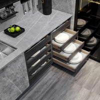 Meubles de cuisine modulaires modernes avec îlot central, bar à petit-déjeuner, portes vitrées, design écologique, finition gris pierre pour salle à manger
