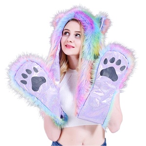 SOLPOP Gorro de Felpa de Animales de Peluche para Carnaval, Bufanda, Guantes, Accesorios para Fiestas Rave, Sudadera con Capucha de Orejeras de Peluche Colorida Arcoíris para Mujer con Orejas de Patas - Product Image 2