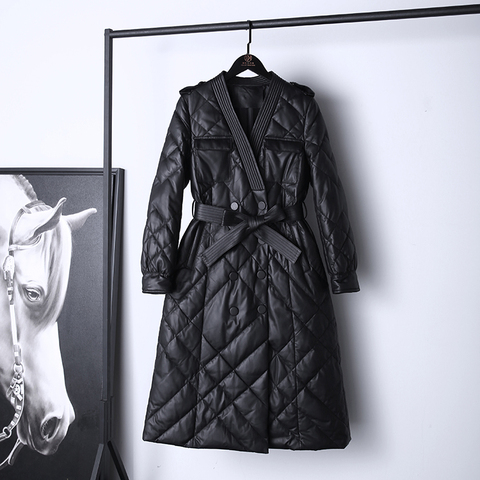 1208 V-neck Tie Waist Genuine Leather Sheepskin Checkered 90 White Duck Down Medium Length Down Coat