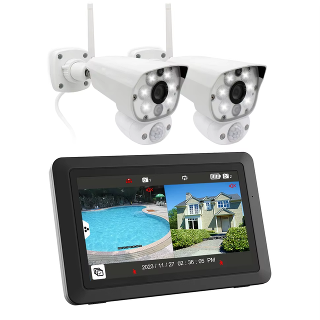 Wireless Floodlight Camera 1080P Outdoor Security System with 7 Inch Monitor Two-Way Audio Night Vision SD Card Motion Detection