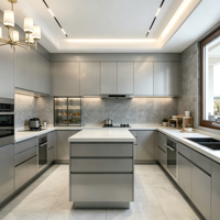 Ensemble de meubles de cuisine gris et blanc, modernes, modulaires, sans poignées, écologiques, ignifuges, avec éclairage LED intégré et système de rangement pour garde-manger