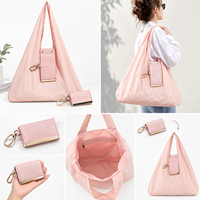 Sac fourre-tout pliable réutilisable en cuir PU avec porte-clés, sac à main compact, pochette portable, anneau porte-clés, pour voyage, plage, courses et usage quotidien