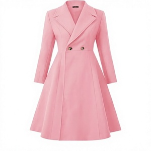 Manteau Trench Midi Élégant pour Femme, Double Boutonnage, Rose Uni, Manches Longues, Col Cranté, Laine et Polyester, Vêtement d'Extérieur Automne - Product Image 1