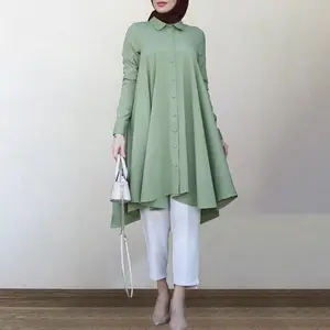 קפלים בגדים אסלאמיים מוסלמי מוצק צבע כפתור למטה להשתלב מעוקל תחתון רב צבע ארוך שרוולים נשים של חולצה