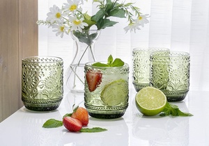 Ensemble de 4 verres à boire Vintage de 4 pouces 12 oz, verrerie verte décorative luxueuse en relief Floral, - Product Image 3
