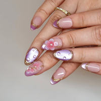Ongles à presser en acrylique 3D, motif fleur de cerisier, perle, goutte d'eau, or, forme amande, logo personnalisable, dégradé violet-rose