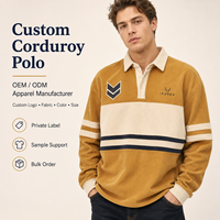 IKDEER Polo de rugby personnalisé pour homme à manches longues en velours côtelé, jaune gingembre moutarde, avec patch chevron, style preppy, fabrication usine