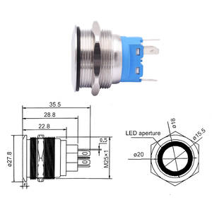 25Mm Đầu Phẳng Kim Loại Vòng LED Ánh Sáng Đẩy Nút Chuyển Đổi Điện Biểu Tượng Đèn Momentary Chốt Hàn Pins Không Thấm Nước Nút Bấm - Product Image 6