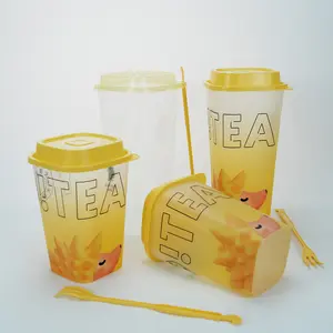 Personalized Custom Printed Re-openable Disposable Plastic Cup With Lid For Boba Pearl Milk Tea Coffee Soda Fruit Tea