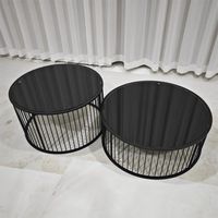Ensemble de tables basses rondes en verre noir avec structure en fil métallique noir