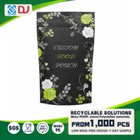 Op maat gemaakte matte zwarte recyclebare stand-up pouch voor dierenvoer met hersluitbare ritssluiting en bloemenprint voor retailgebruik