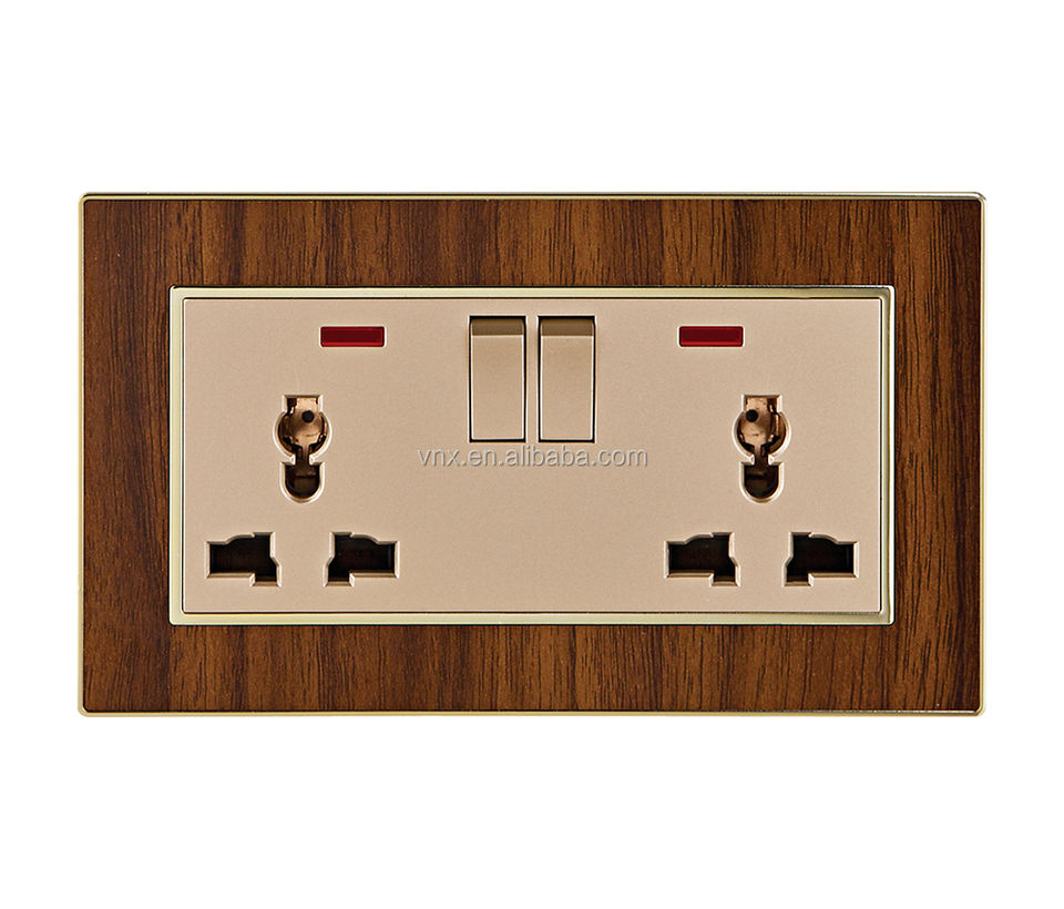 China Factory Direct Sale Uk Standard Gold Acrylic Wood Grain Panel New Design 2 Gang 2 Usb Wall Switch and Socket With Neon