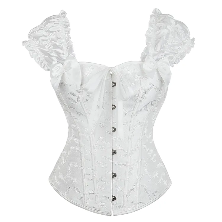 Mujeres Sexy Puff Ruffle manga Overbust corsé acero hueso fuera del hombro Lencería Jacquard cintura Bustier Top