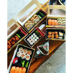 Passen Sie schwarze Öko japanische Lebensmittel qualität Einweg-Kraft papier zum Mitnehmen Verpackung Sushi zum Mitnehmen Box mit Fenster