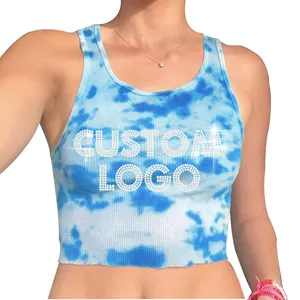 custom sexy ladies white womens cotton black white diamond tie rhinestone ribbed tie dye crop top tank for women