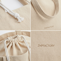 Sac fourre-tout en toile de coton beige uni ZHPFACTORY, sac de shopping réutilisable OEM, grand sac de courses avec fermeture à cordon