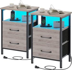 Juego de 2 Mesitas de Noche, Mesita de Noche con Estación de Carga y Luces LED, Mesa Auxiliar con 2 Cajones de Tela para Dormitorio - Product Image 1