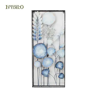 IVYDECO-Decoración de pared moderna con marco de Metal negro, corte láser 3D, hoja de hierro, flor, arte de pared, sala de estar, negro y azul