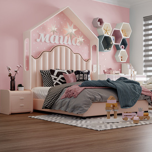 Cama Infantil de Cuero Suave, Cabecera Curva en Forma de Corona con Tapicería Rosa y Estilo Chic Caprichoso - Product Image 1