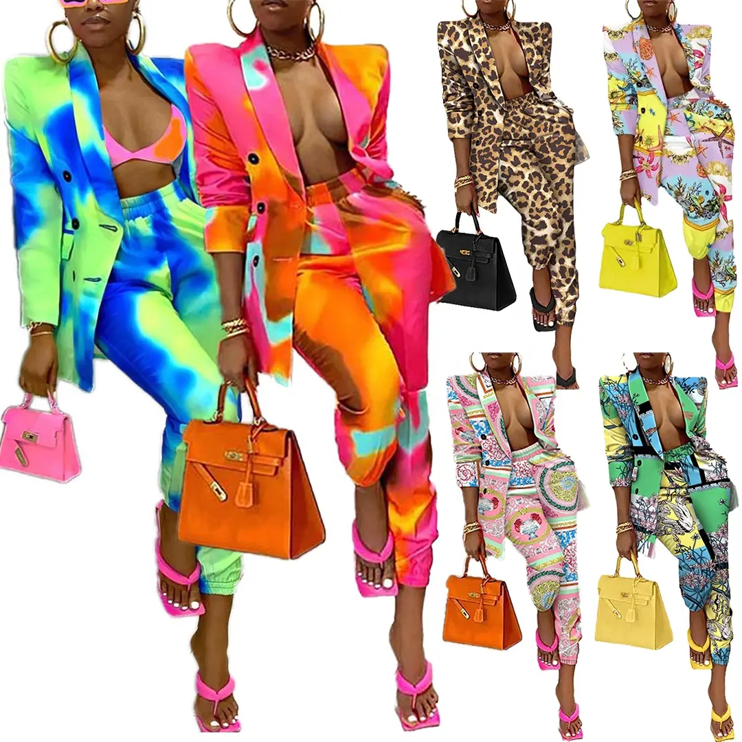 ZL1723 New design american clothing spring fashion printed long sleeve suit blazer pants 2 piece set women casual women's suits