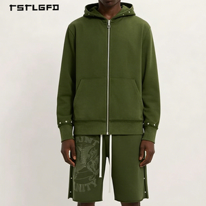 Ensemble de survêtement court deux pièces pour homme, personnalisé OEM, en coton délavé à l'acide vintage, avec sweat-shirt imprimé à fermeture éclair et clouté effet vieilli - Product Image 3