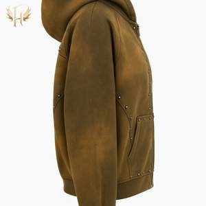 Sweat à capuche personnalisé lourd 480 g/m² vierge uni lavé à l'acide délavé au soleil avec rivets en métal et strass zippé pour hommes - Product Image 5