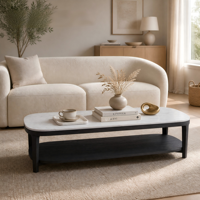 Table basse ovale en marbre avec étagère en bois, plateau en pierre de Carrare, structure en bois massif en forme de pilule, 6 options de couleur, moderne, luxueuse, pliable