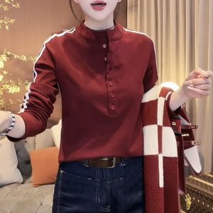 Women's Stand-Up Collar Long Sleeve Knit <b>Top</b> Red And Black Polyester Soft Slim Fit Autumn Winter Inner <b>Layer</b> Wear - Product Image 1