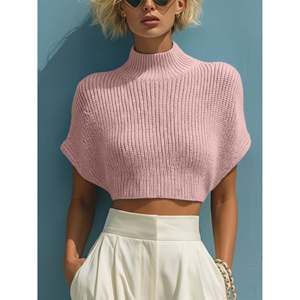 Pull côtelé à manches courtes pour femme, taille XS, bleu ciel, col montant, tricot court - Product Image 4