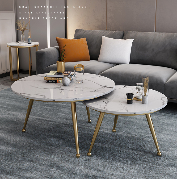 New Design Nordic Luxury Metallic Metal Round Living Room Coffee Table Modern Marble Sofa Side Table Set