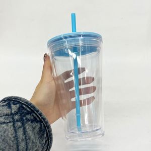 Hot Sell 16oz 24oz <b>Double</b> <b>Walled</b> Acrylic Tumbler with Colorful Lids and Straws 16 oz clear Travel Coffee Beer Plastic Kids Cup - Product Image 3