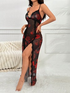 Lingerie Sexy in Pizzo per la Notte di Nozze, Camicia da Notte Lunga in Rete Trasparente con Scollo a V Profondo e Spacco Alto per Donne - Product Image 6