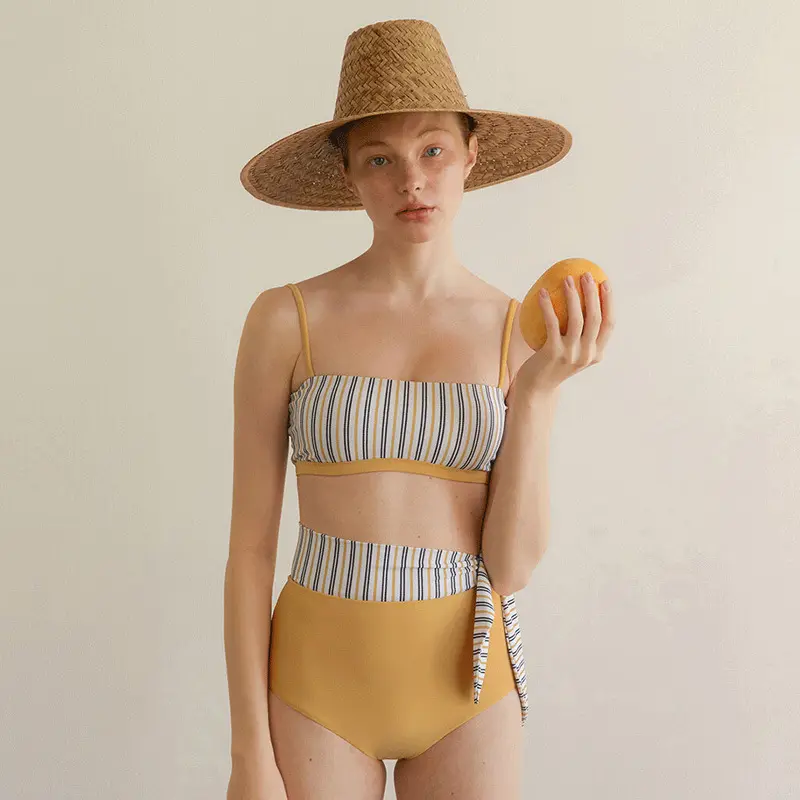 Ins Split Swimsuit Women High Waist Belly Shading Slim Striped Triangle Super Fairy Spa Bikini Customized Ladies Swimwear