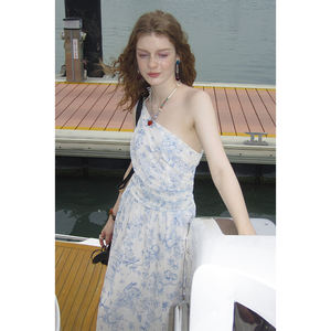 فستان شيفون أزرق بنقشة زهور بتصميم عتيق مستوحى من الطراز البحري، ياقة ماندرين، مضاد للكهرباء الساكنة، بكتف مكشوف، قابل للتخصيص حسب الطلب - Product Image 2