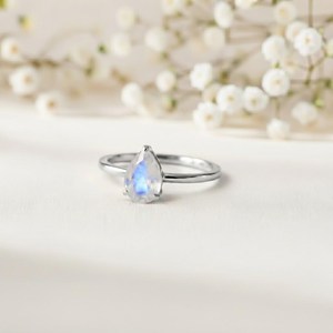 Handmade Silver Natural Blue <b>Fire</b> Rainbow Moonstone Bezel Set 925 Sterling Silver Ring Pear Shape stone Ring Eternity vermail - Product Image 1