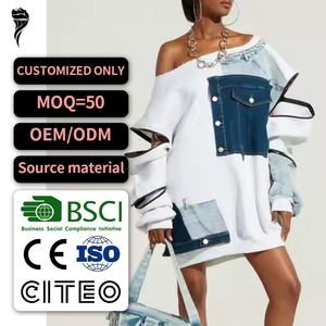 Vestido de suéter de talla grande a bajo precio para mujer, informal, oversize, de manga larga, de felpa francesa, con parches de algodón y mezclilla, para otoño. - Product Image 1