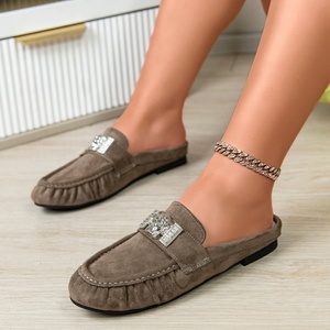 Ladies Comfortable Casual Flat Buckle All Seasons <strong>Taupe</strong> Suede Mules Metal Decor Slip-on <strong>Shoes</strong> - Product Image 4