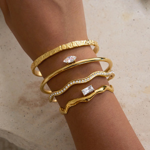 Bracelet ouvert en acier inoxydable plaqué or 18 carats avec zircon blanc marquise, bijou unisexe, cadeau - Product Image 2