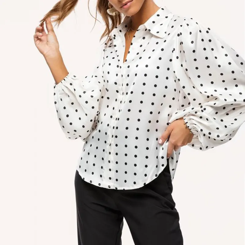 2022 Fashion Button Blouse Long-sleeve Breathable Black Tops Autumn Stylish Polka Dot Women Clothing Plus Size Chiffon Shirt