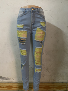 Liluo 2024 New Ripped <strong>Jeans</strong> for <strong>Women</strong> <strong>Yellow</strong> Scratch Denim Pencil Pants High Waisted Stretch Skinny Hollow Out Sexy Female <strong>Jeans</strong> - Product Image 6